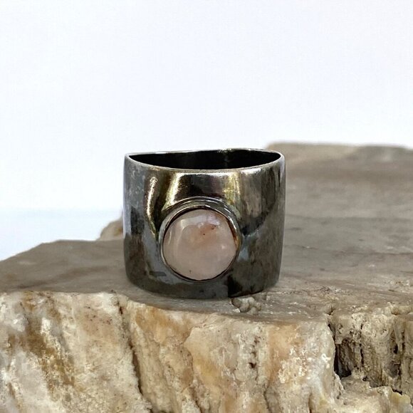 Oxidized Sterling Silver 950 Round Rose Quartz 16MM Wide Band Ring Sz 8.75 - Picture 2 of 16